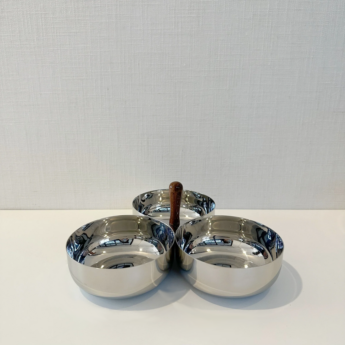 Kalman Polished Stainless Steel and Walnut Wood Serving Bowl Trio