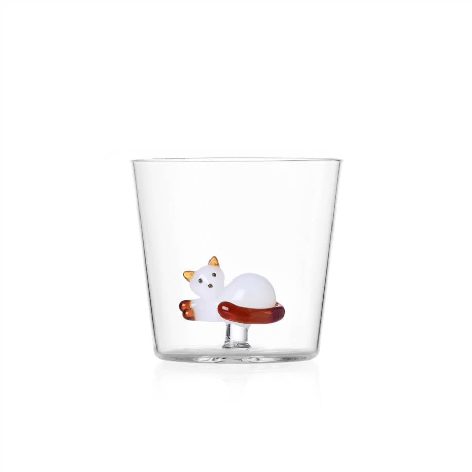 TABBY CAT TUMBLER LYING WHITE CAT WITH AMBER TAIL