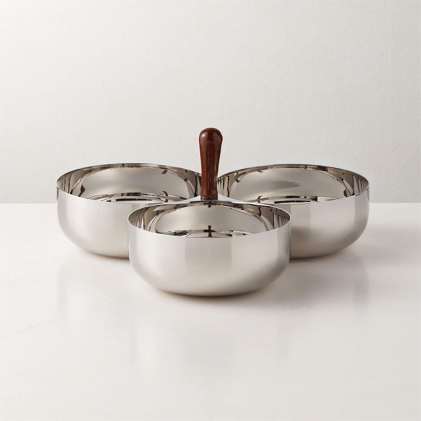 Kalman Polished Stainless Steel and Walnut Wood Serving Bowl Trio