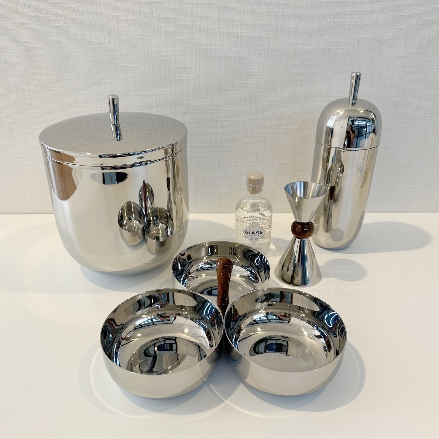 Kalman Polished Stainless Steel and Walnut Wood Serving Bowl Trio