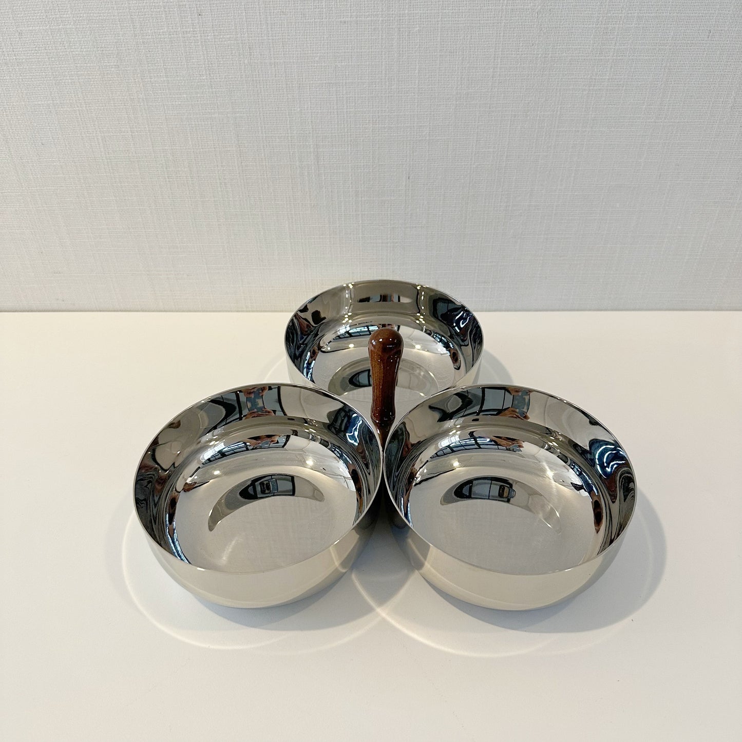 Kalman Polished Stainless Steel and Walnut Wood Serving Bowl Trio