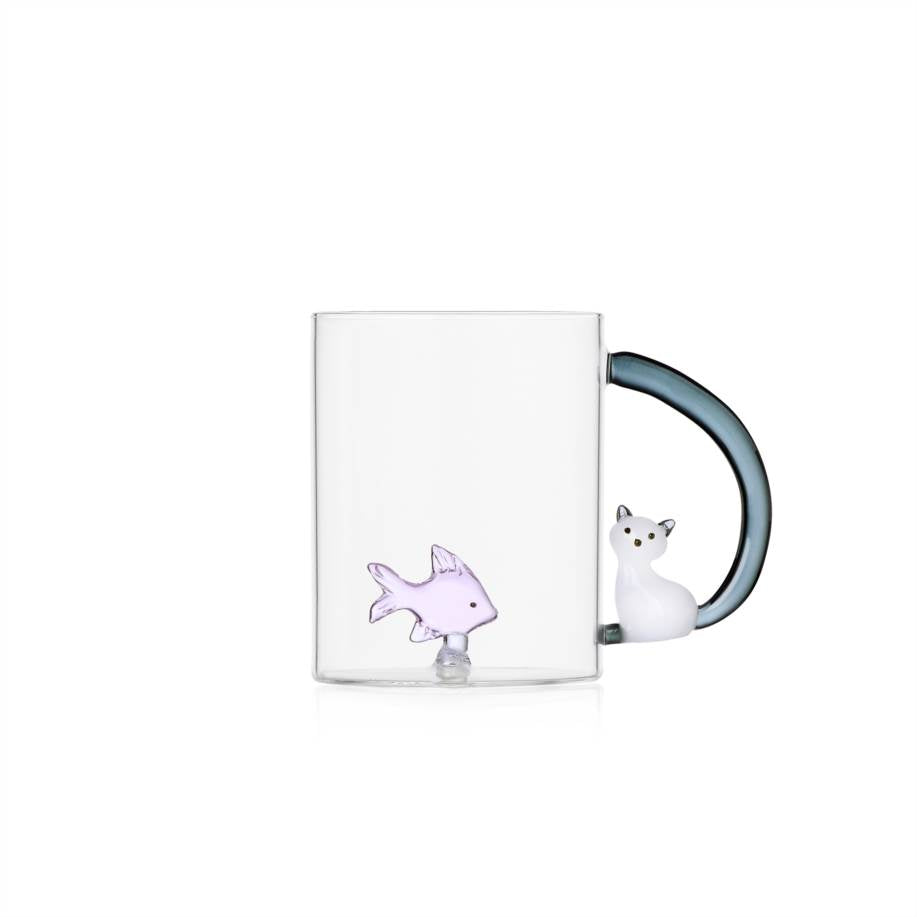TABBY CAT MUG PINK FISH & WHITE CAT WITH SMOKE TAIL
