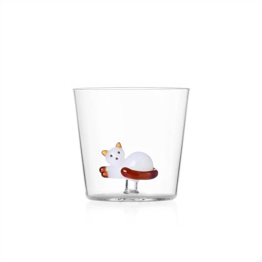 TABBY CAT TUMBLER LYING WHITE CAT WITH AMBER TAIL