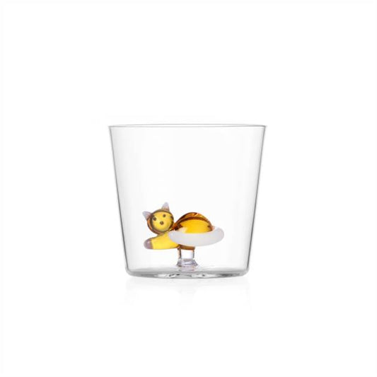 TABBY CAT TUMBLER LYING AMBER CAT WITH WHITE TAIL