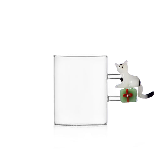 TABBY CAT CHRISTMAS EDITION - mug white cat w/green gift