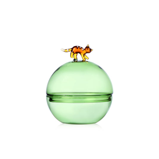 TABBY CAT CHRISTMAS EDITION - green sugarpot w/amber cat
