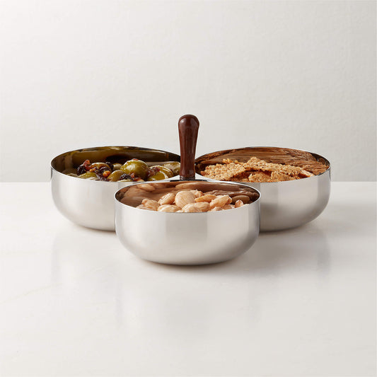 Kalman Polished Stainless Steel and Walnut Wood Serving Bowl Trio