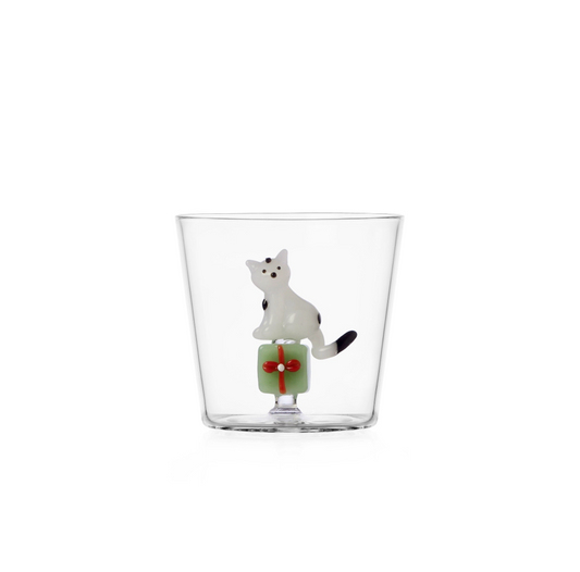 TABBY CAT CHRISTMAS EDITION - tumbler white cat w/green gift