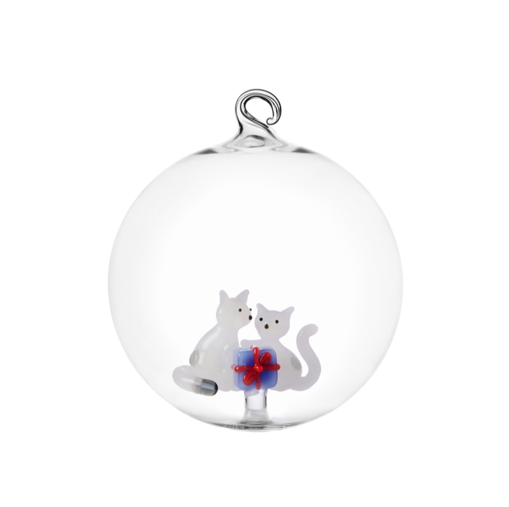 TABBY CAT CHRISTMAS EDITION - Christmas ball white cats w/light blue gift  - 12 cm