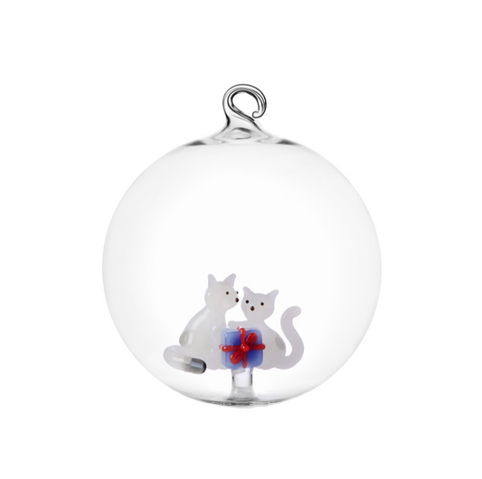 TABBY CAT CHRISTMAS EDITION - Christmas ball white cats w/light blue gift  - 12 cm