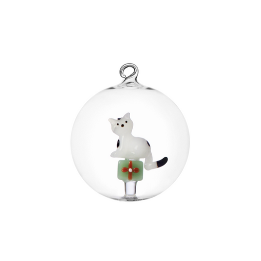 TABBY CAT CHRISTMAS EDITION - Christmas  ball white cat w/green gift