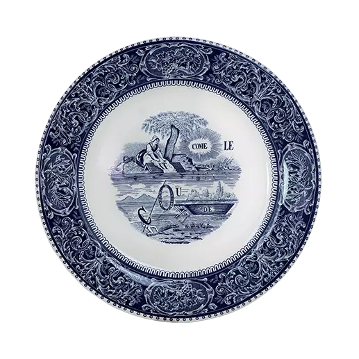 LES DEPAREILLEES BLUE - BOX OF 4 DINNER PLATES REBUS