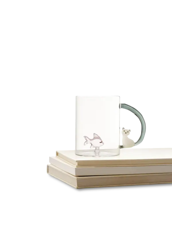 TABBY CAT MUG PINK FISH & WHITE CAT WITH SMOKE TAIL